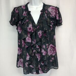 Converse Roses Floral Shirt Blouse Ruffles Button Up Top Green Sheer Medium